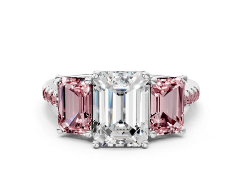 White gold Three-Stone Emerald Cut Diamond Ring with Round with Morganite side stone Pavé Band and Prong Setting