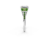 White gold Three-Stone Emerald Cut Diamond Ring with Round with Peridot side stone Pavé Band and Prong Setting_14
