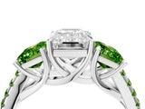 White gold Three-Stone Emerald Cut Diamond Ring with Round with Peridot side stone Pavé Band and Prong Setting_16