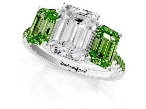 White gold Three-Stone Emerald Cut Diamond Ring with Round with Peridot side stone Pavé Band and Prong Setting_1