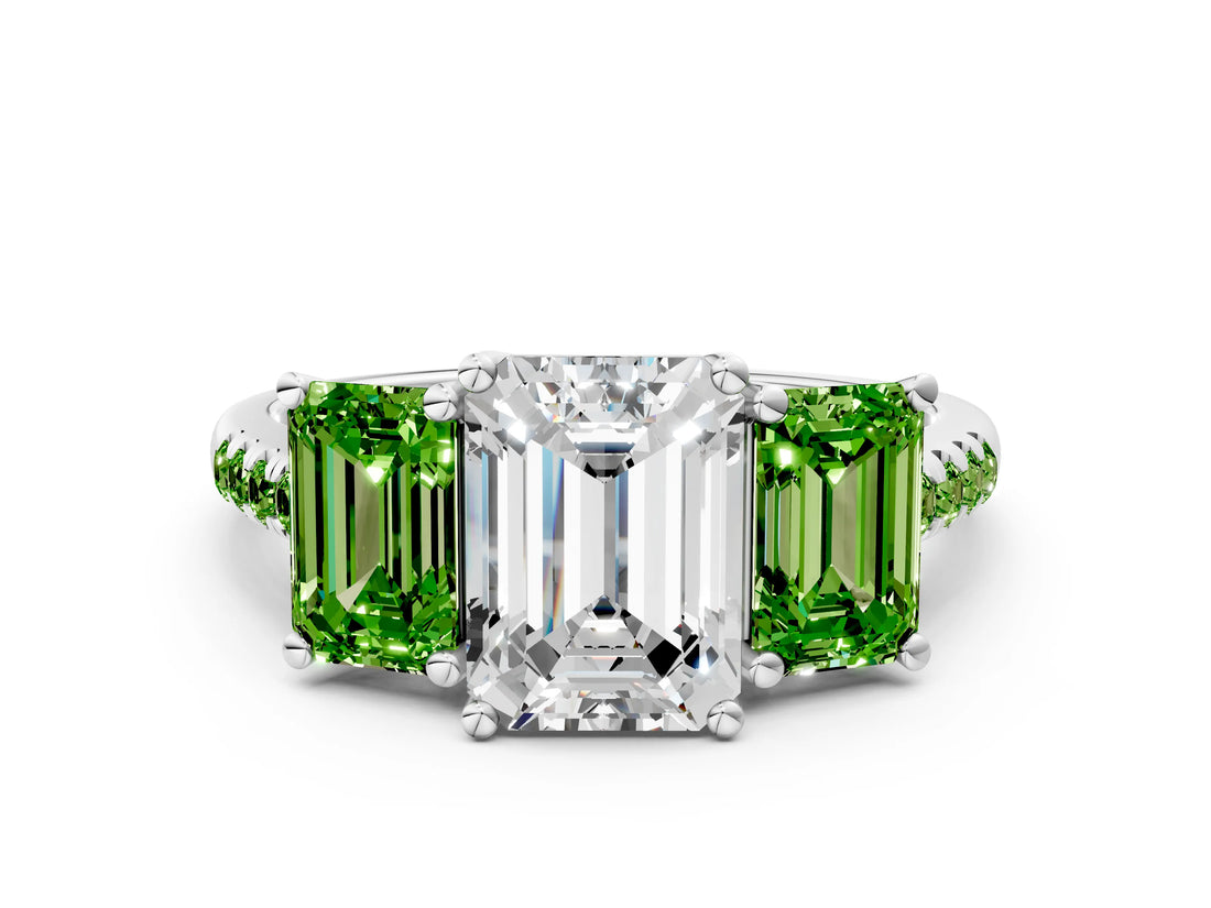 White gold Three-Stone Emerald Cut Diamond Ring with Round with Peridot side stone Pavé Band and Prong Setting_20