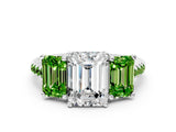 White gold Three-Stone Emerald Cut Diamond Ring with Round with Peridot side stone Pavé Band and Prong Setting_20