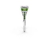 White gold Three-Stone Emerald Cut Diamond Ring with Round with Peridot side stone Pavé Band and Prong Setting_22