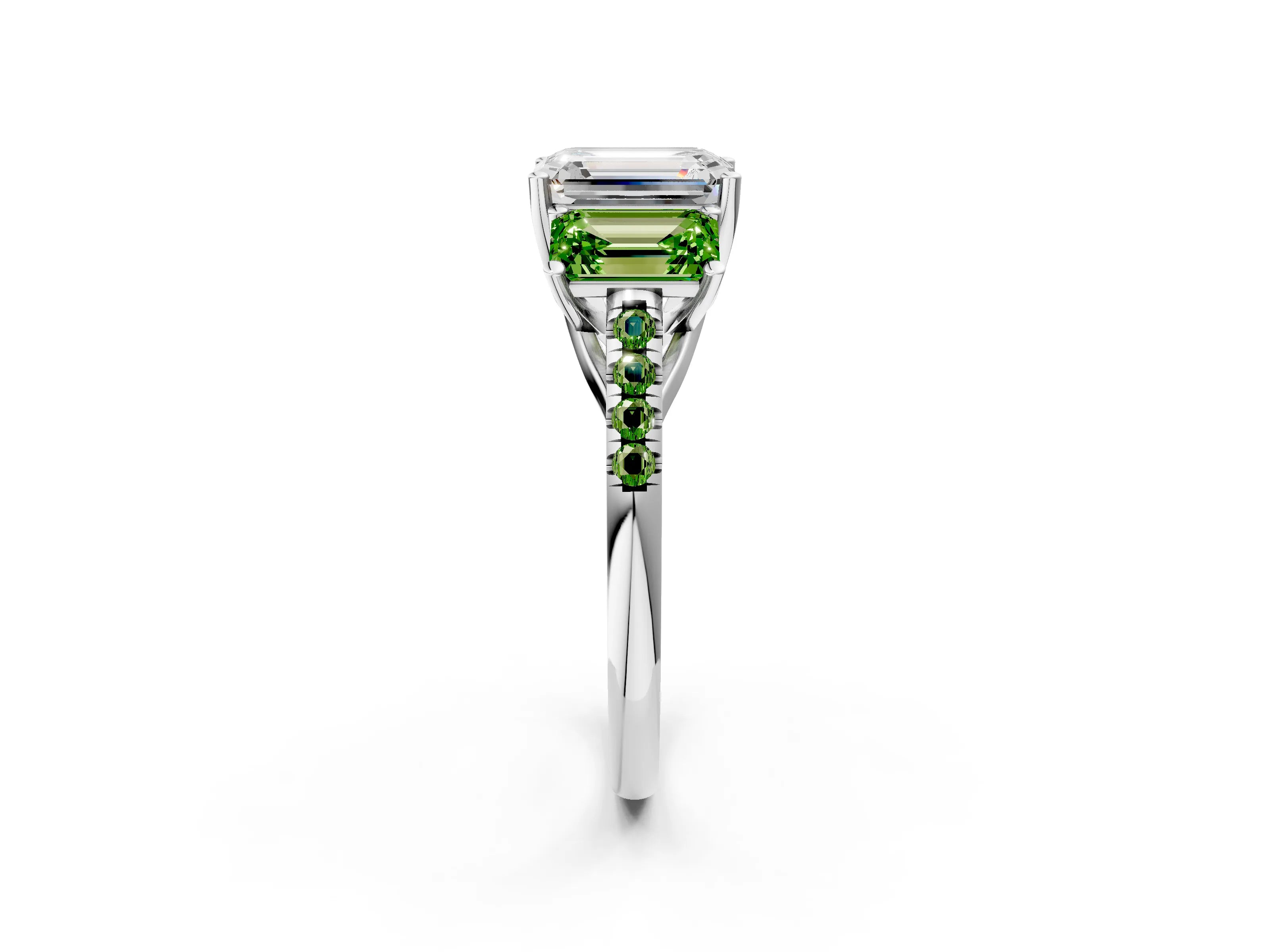 White gold Three-Stone Emerald Cut Diamond Ring with Round with Peridot side stone Pavé Band and Prong Setting_2