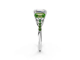 White gold Three-Stone Emerald Cut Diamond Ring with Round with Peridot side stone Pavé Band and Prong Setting_2