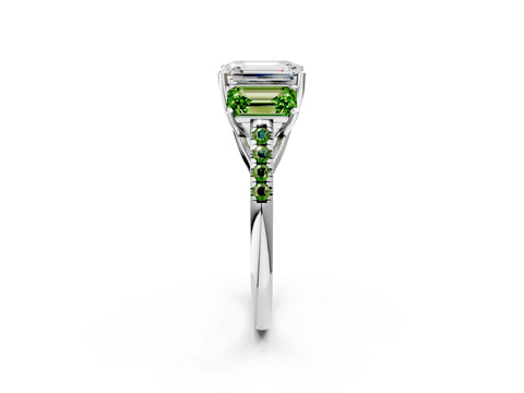White gold Three-Stone Emerald Cut Diamond Ring with Round with Peridot side stone Pavé Band and Prong Setting_2
