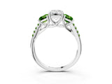 White gold Three-Stone Emerald Cut Diamond Ring with Round with Peridot side stone Pavé Band and Prong Setting_3