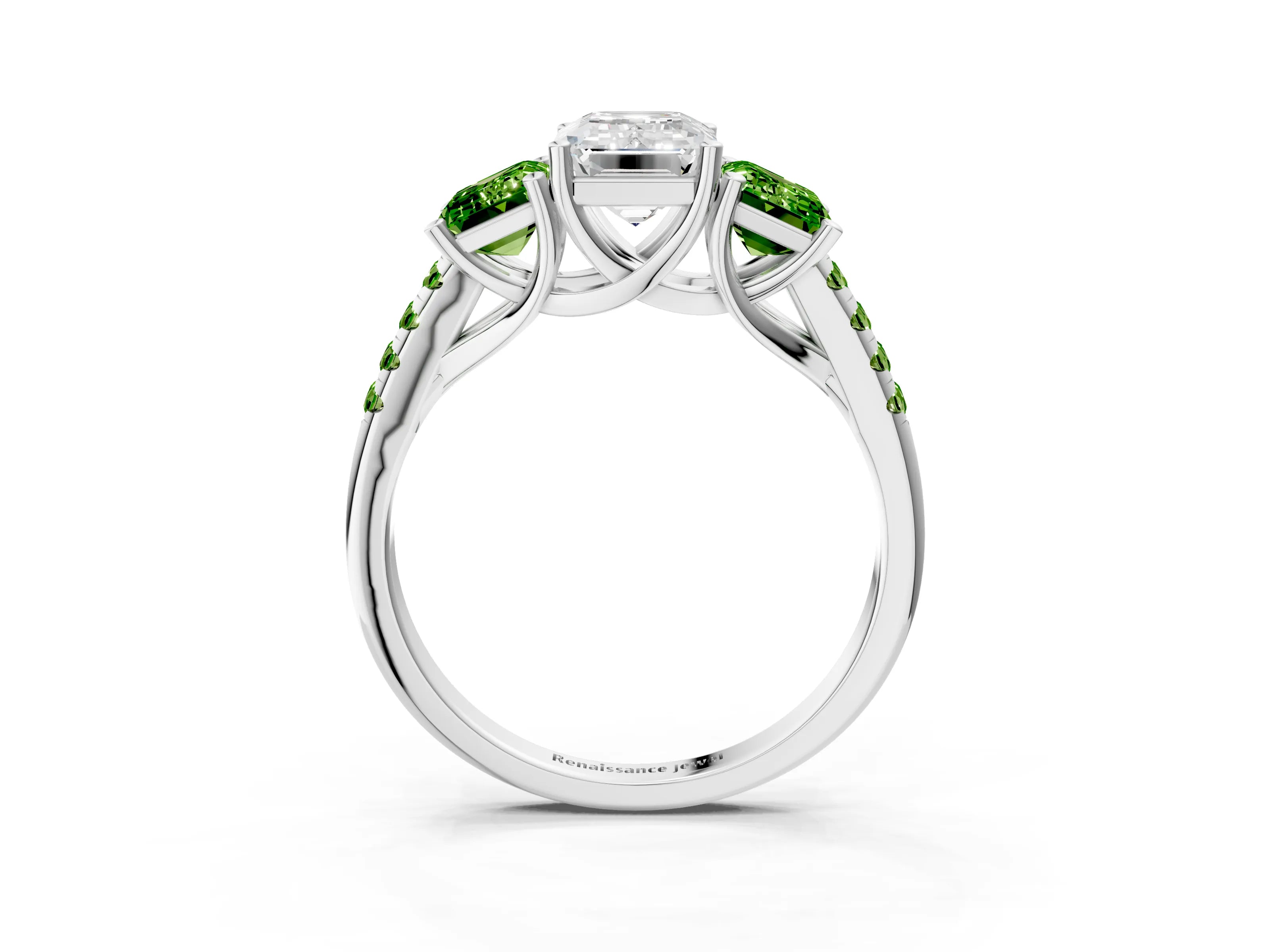 White gold Three-Stone Emerald Cut Diamond Ring with Round with Peridot side stone Pavé Band and Prong Setting_3