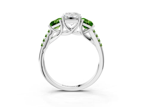 White gold Three-Stone Emerald Cut Diamond Ring with Round with Peridot side stone Pavé Band and Prong Setting_3