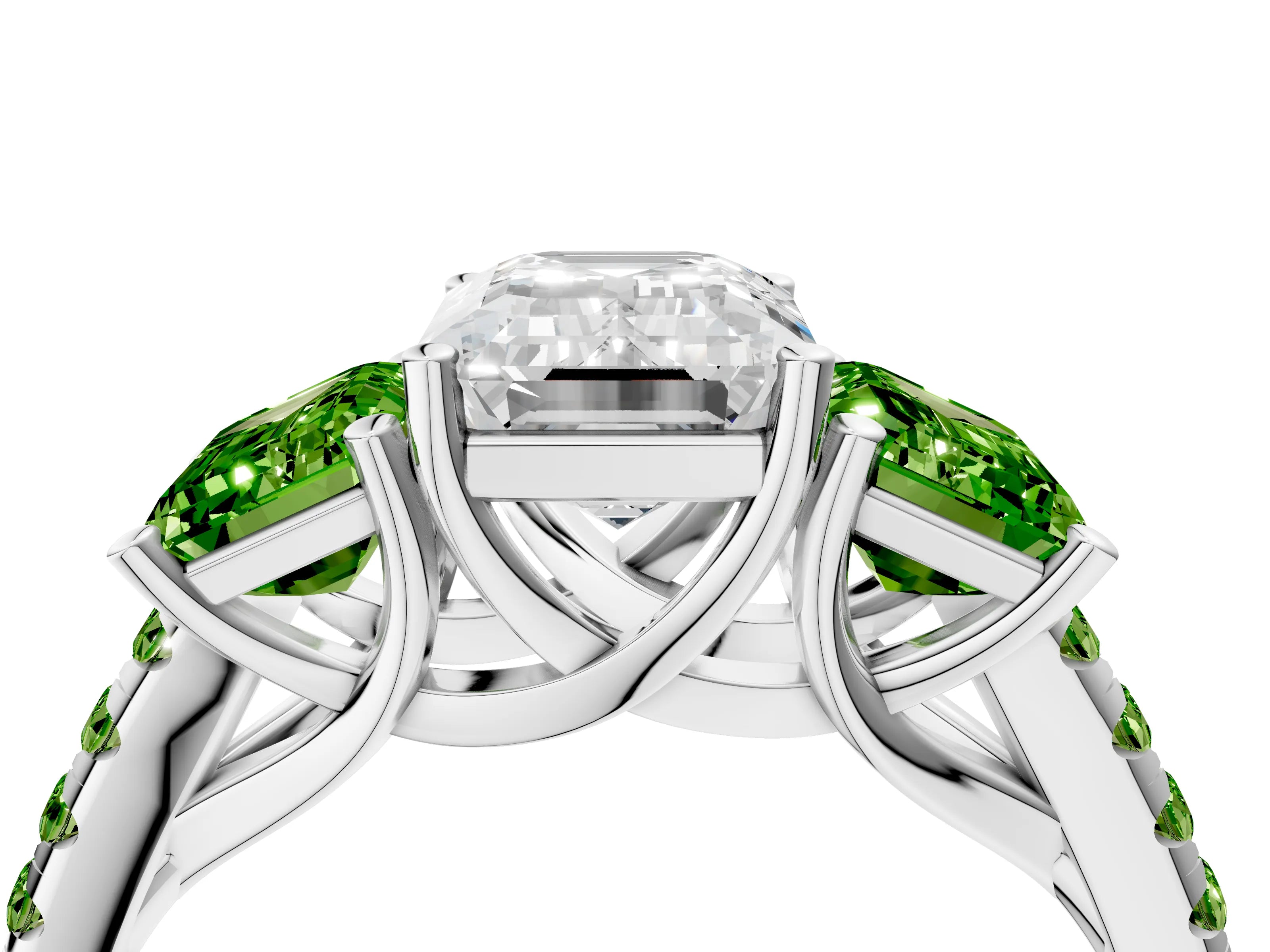 White gold Three-Stone Emerald Cut Diamond Ring with Round with Peridot side stone Pavé Band and Prong Setting_4