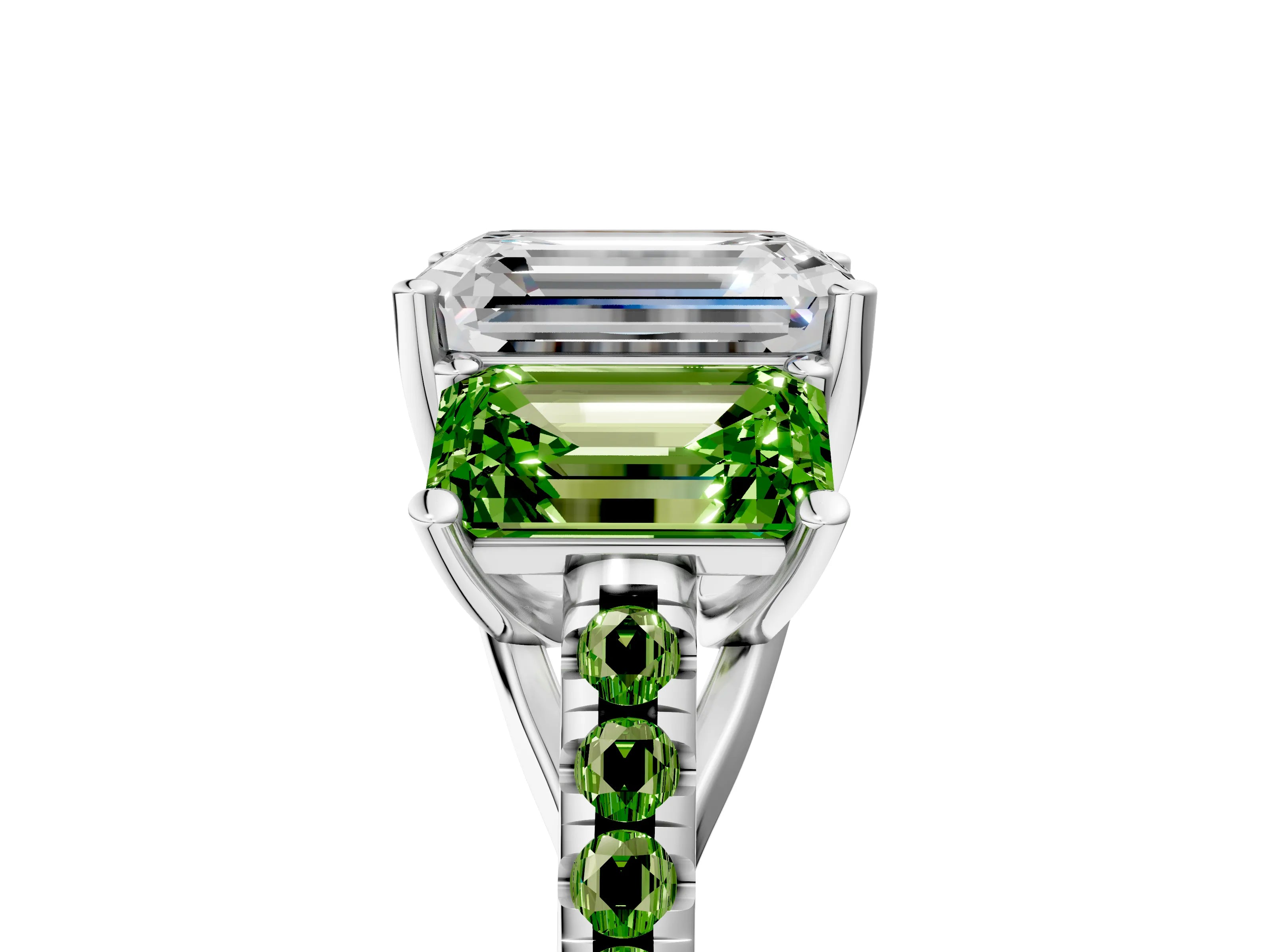 White gold Three-Stone Emerald Cut Diamond Ring with Round with Peridot side stone Pavé Band and Prong Setting_5