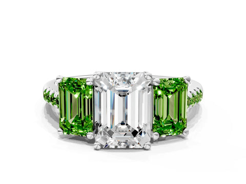 White gold Three-Stone Emerald Cut Diamond Ring with Round with Peridot side stone Pavé Band and Prong Setting