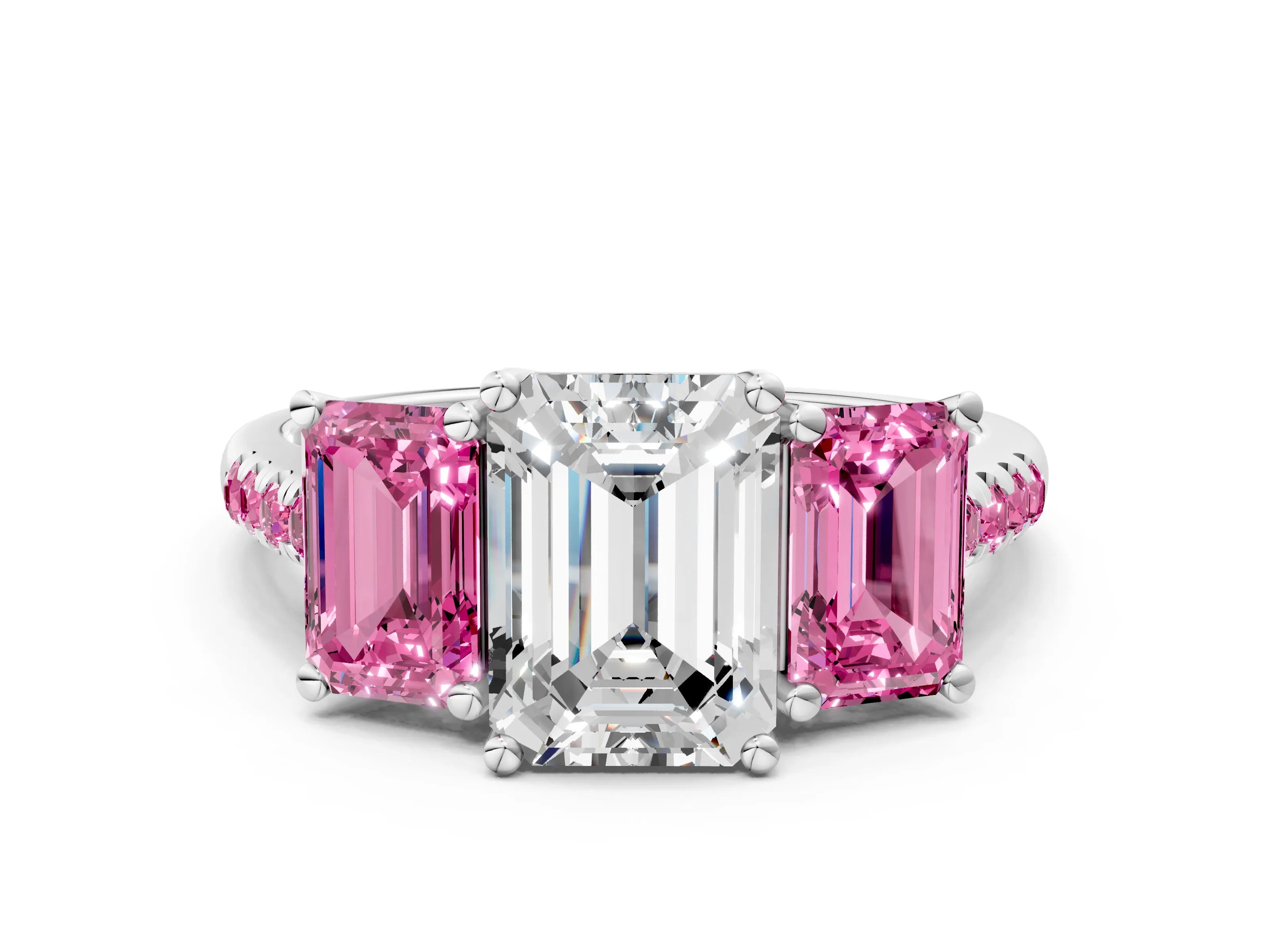 White gold Three-Stone Emerald Cut Diamond Ring with Round with Pink Sapphire side stone Pavé Band and Prong Setting