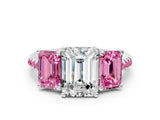 White gold Three-Stone Emerald Cut Diamond Ring with Round with Pink Sapphire side stone Pavé Band and Prong Setting_12