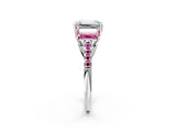 White gold Three-Stone Emerald Cut Diamond Ring with Round with Pink Sapphire side stone Pavé Band and Prong Setting_14