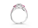 White gold Three-Stone Emerald Cut Diamond Ring with Round with Pink Sapphire side stone Pavé Band and Prong Setting_15