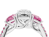 White gold Three-Stone Emerald Cut Diamond Ring with Round with Pink Sapphire side stone Pavé Band and Prong Setting_16