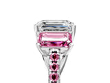 White gold Three-Stone Emerald Cut Diamond Ring with Round with Pink Sapphire side stone Pavé Band and Prong Setting_17
