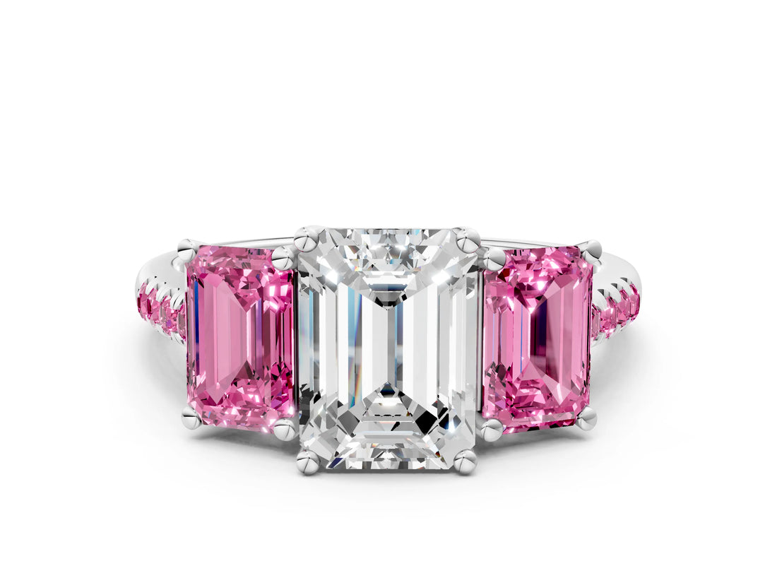 White gold Three-Stone Emerald Cut Diamond Ring with Round with Pink Sapphire side stone Pavé Band and Prong Setting_18