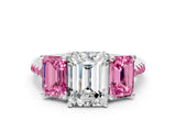 White gold Three-Stone Emerald Cut Diamond Ring with Round with Pink Sapphire side stone Pavé Band and Prong Setting_18