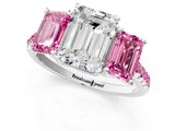 White gold Three-Stone Emerald Cut Diamond Ring with Round with Pink Sapphire side stone Pavé Band and Prong Setting_19