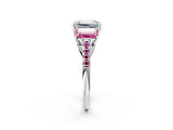 White gold Three-Stone Emerald Cut Diamond Ring with Round with Pink Sapphire side stone Pavé Band and Prong Setting_2