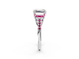 White gold Three-Stone Emerald Cut Diamond Ring with Round with Pink Sapphire side stone Pavé Band and Prong Setting_20