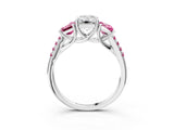 White gold Three-Stone Emerald Cut Diamond Ring with Round with Pink Sapphire side stone Pavé Band and Prong Setting_21