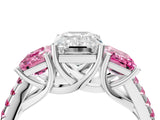White gold Three-Stone Emerald Cut Diamond Ring with Round with Pink Sapphire side stone Pavé Band and Prong Setting_22