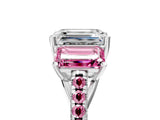 White gold Three-Stone Emerald Cut Diamond Ring with Round with Pink Sapphire side stone Pavé Band and Prong Setting_23