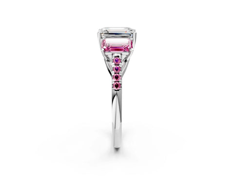 White gold Three-Stone Emerald Cut Diamond Ring with Round with Pink Sapphire side stone Pavé Band and Prong Setting_2