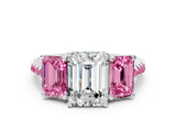 White gold Three-Stone Emerald Cut Diamond Ring with Round with Pink Sapphire side stone Pavé Band and Prong Setting