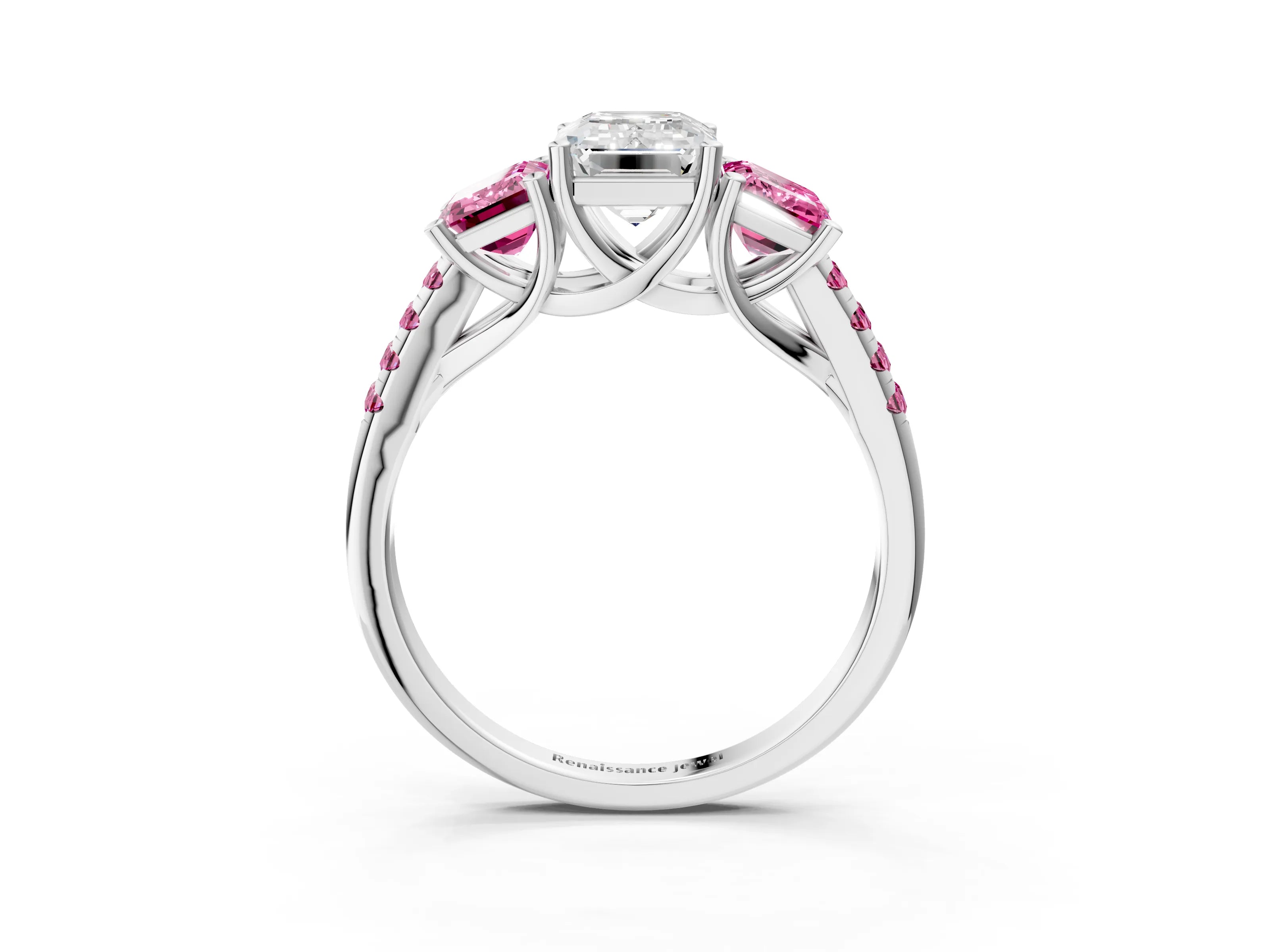 White gold Three-Stone Emerald Cut Diamond Ring with Round with Pink Sapphire side stone Pavé Band and Prong Setting_3
