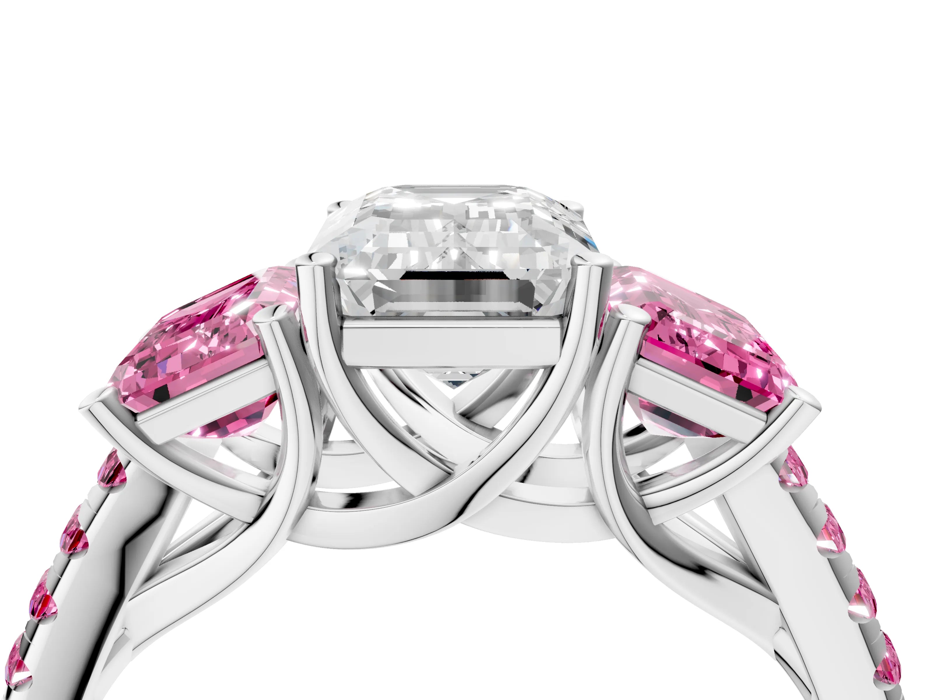 White gold Three-Stone Emerald Cut Diamond Ring with Round with Pink Sapphire side stone Pavé Band and Prong Setting_4