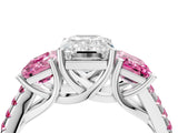White gold Three-Stone Emerald Cut Diamond Ring with Round with Pink Sapphire side stone Pavé Band and Prong Setting_4