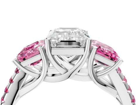 White gold Three-Stone Emerald Cut Diamond Ring with Round with Pink Sapphire side stone Pavé Band and Prong Setting_4