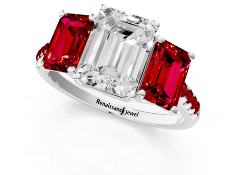 White gold Three-Stone Emerald Cut Diamond Ring with Round with Ruby side stone Pavé Band and Prong Setting_1