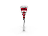 White gold Three-Stone Emerald Cut Diamond Ring with Round with Ruby side stone Pavé Band and Prong Setting_2