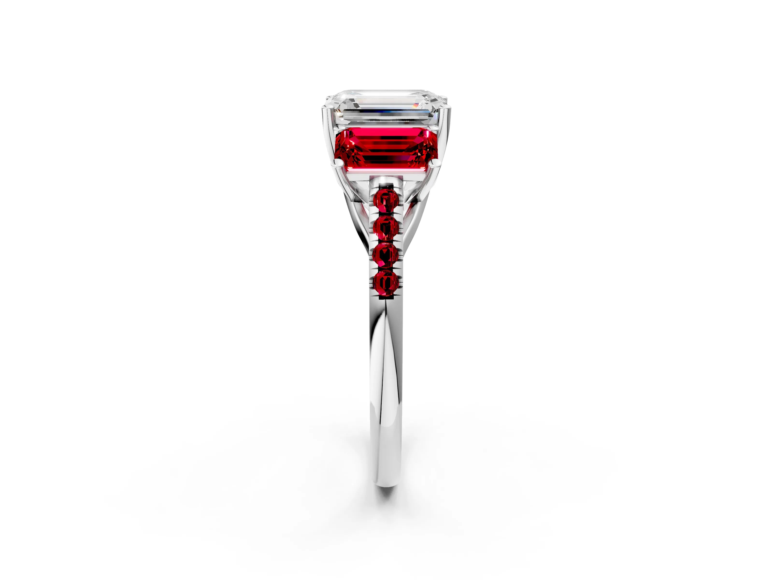 White gold Three-Stone Emerald Cut Diamond Ring with Round with Ruby side stone Pavé Band and Prong Setting_2