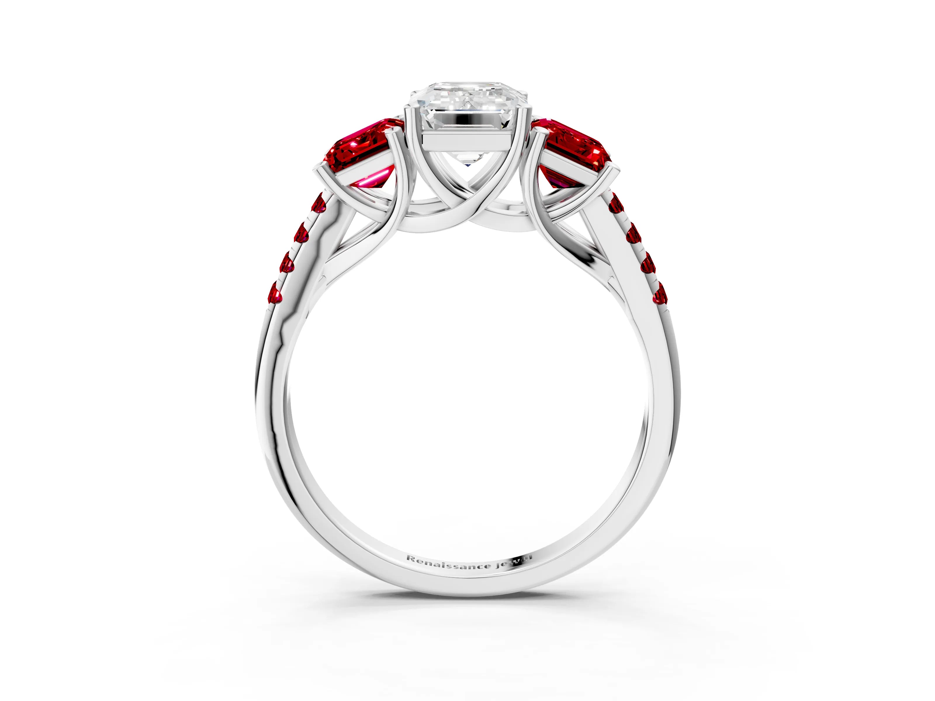 White gold Three-Stone Emerald Cut Diamond Ring with Round with Ruby side stone Pavé Band and Prong Setting_3