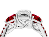White gold Three-Stone Emerald Cut Diamond Ring with Round with Ruby side stone Pavé Band and Prong Setting_4