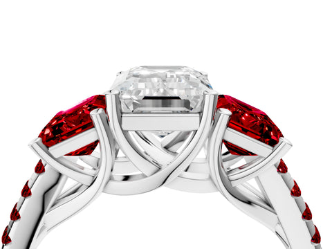 White gold Three-Stone Emerald Cut Diamond Ring with Round with Ruby side stone Pavé Band and Prong Setting_4