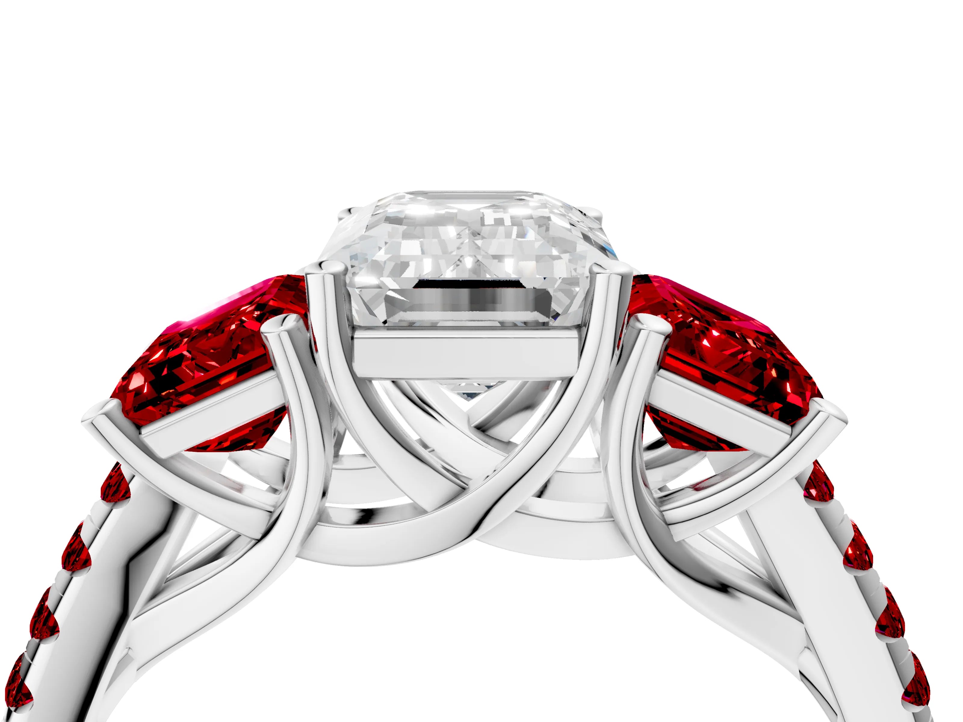 White gold Three-Stone Emerald Cut Diamond Ring with Round with Ruby side stone Pavé Band and Prong Setting_4