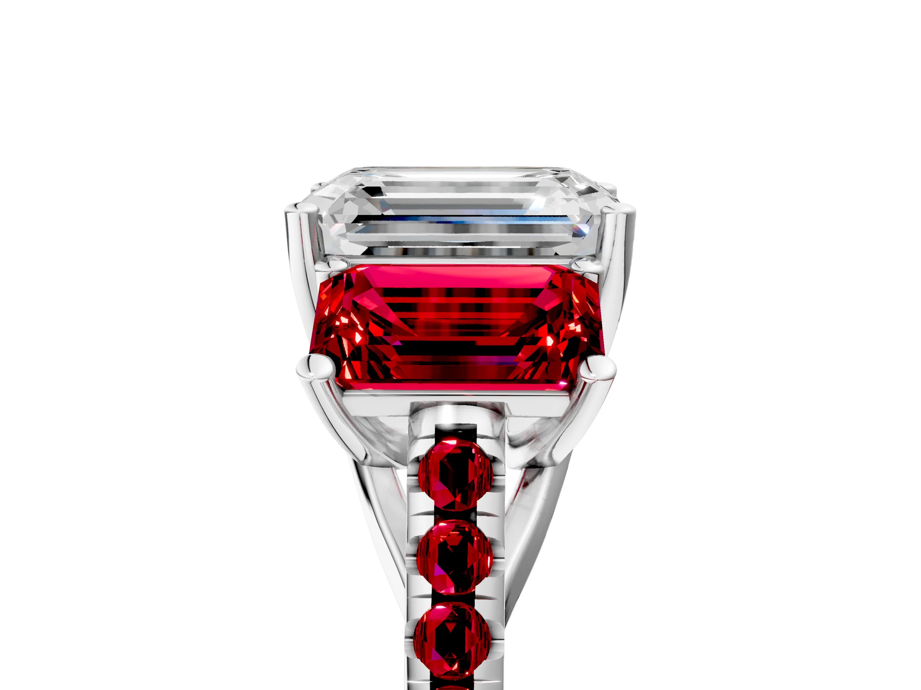 White gold Three-Stone Emerald Cut Diamond Ring with Round with Ruby side stone Pavé Band and Prong Setting_5