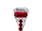 White gold Three-Stone Emerald Cut Diamond Ring with Round with Ruby side stone Pavé Band and Prong Setting_5