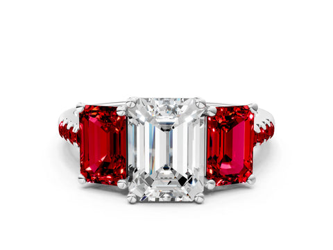 White gold Three-Stone Emerald Cut Diamond Ring with Round with Ruby side stone Pavé Band and Prong Setting