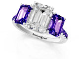 White gold Three-Stone Emerald Cut Diamond Ring with Round with Tanzanite side stone Pavé Band and Prong Setting_1