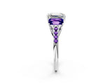 White gold Three-Stone Emerald Cut Diamond Ring with Round with Tanzanite side stone Pavé Band and Prong Setting_2