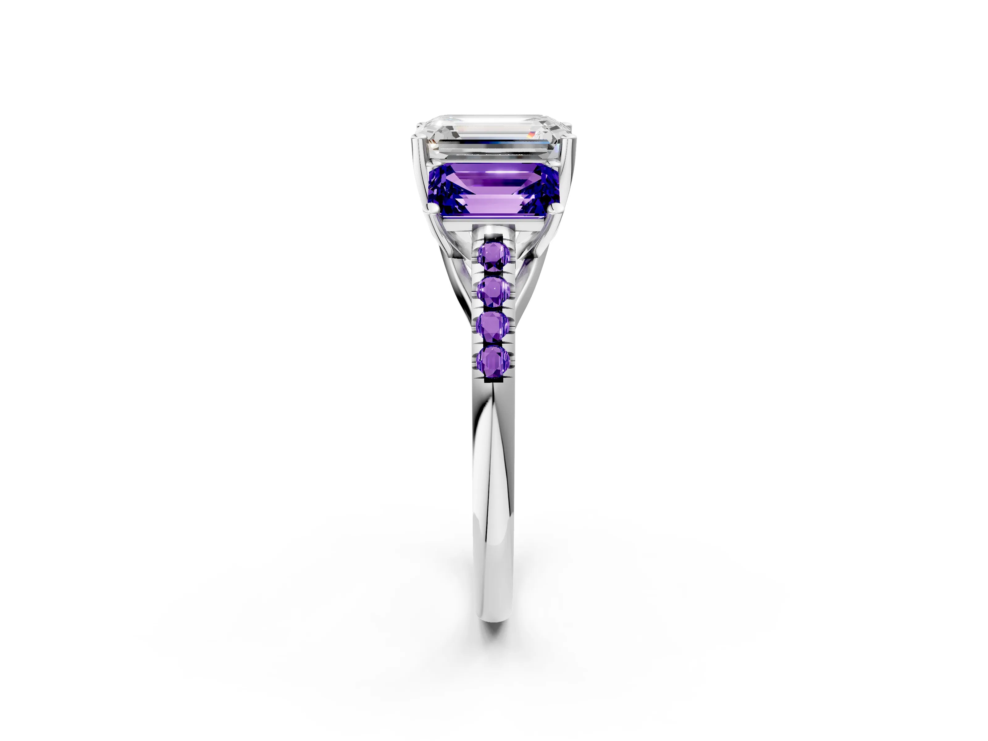 White gold Three-Stone Emerald Cut Diamond Ring with Round with Tanzanite side stone Pavé Band and Prong Setting_2
