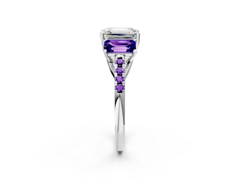 White gold Three-Stone Emerald Cut Diamond Ring with Round with Tanzanite side stone Pavé Band and Prong Setting_2